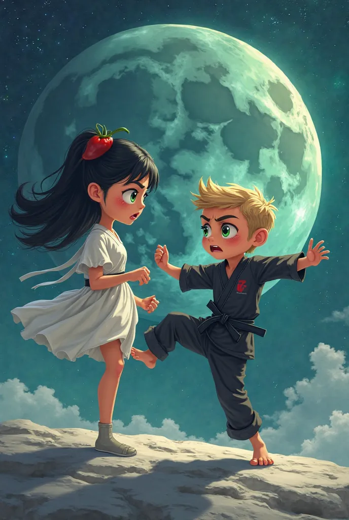 A cartoon and fantasy photo of a good-looking girl of about 18 years old with a white card dress and black eyes and black hair on top of her head 
 A tomato is tied up and a boy of about 18 years old with a black karate suit and golden blond hair and green...