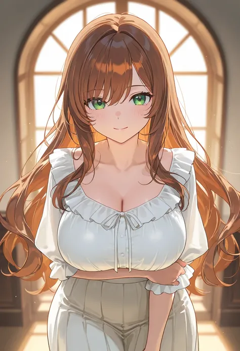 1 woman, dark long brown hair, hair wavy medium, green eyes, light brown ruffle blouse, white skirt, round breast, big tits, curvy, busty, voluptuous, soft light, high detailed, best quality

