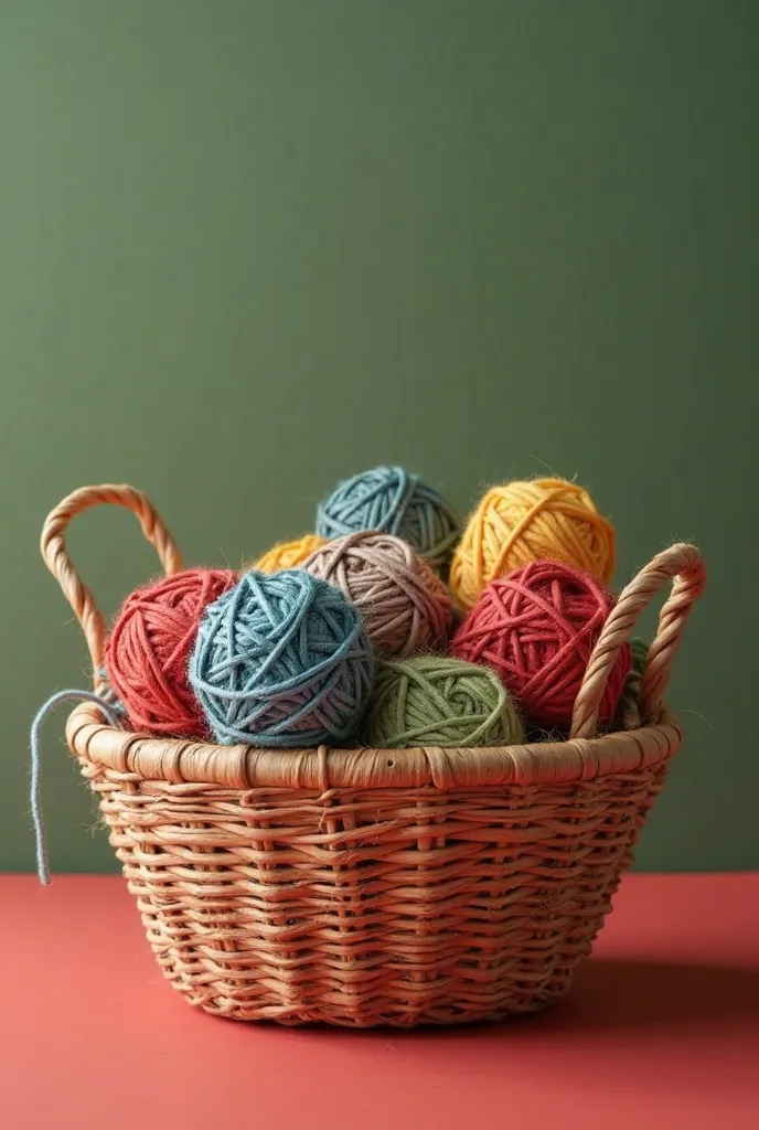 a basket with some twine rolls inside it with a solid color background, Like for example a green or red, without any shading in the background, so that the basket with the strings stands out, and with no lighting effect that could be altering the color of ...