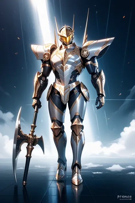  male、robot knight、full body銀色、 Black Arms、 Gold、tall、cool arm with overlapping prongs、full body、large silver double-edged axe