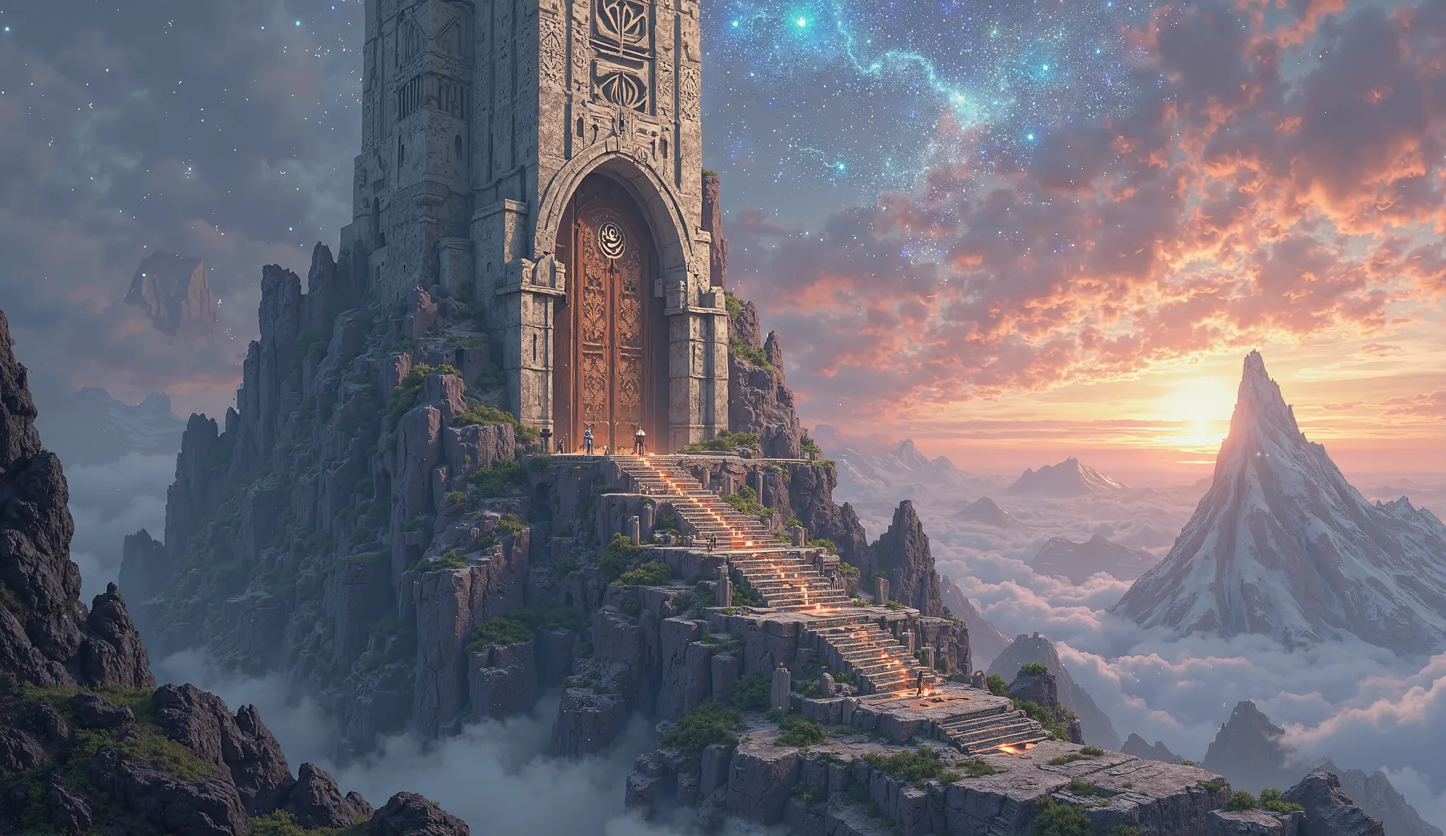 Perched high upon a rugged mountain peak, a colossal tower reaches toward the heavens, its spire piercing the clouds. This magnificent structure, crafted from ancient stone and shimmering silver, stands as a beacon of power and mystery. The tower's walls a...