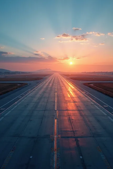 flight runway with sun setting in background, a picture by Robert Jacobsen, shutterstock, visual art,  runway photo, aviation ground, eye catching, blue sky, sunrise, photography 