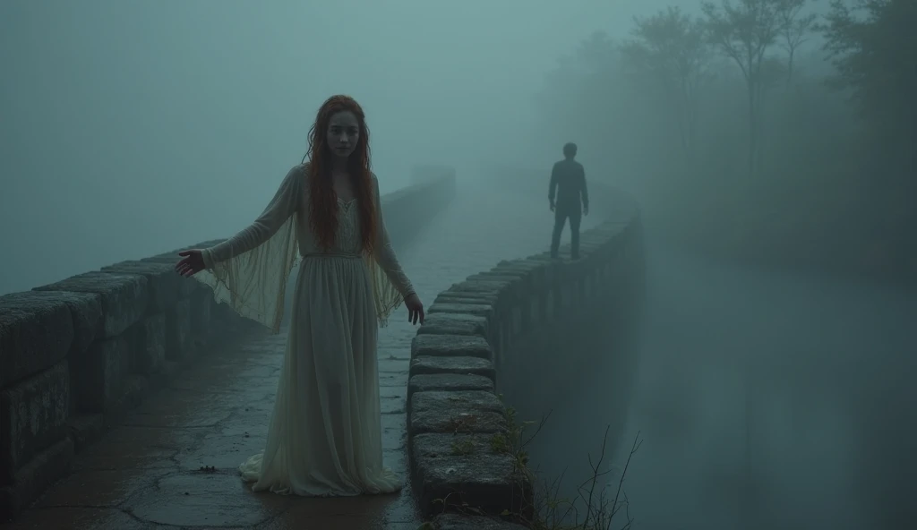 A ghostly young Caucasian woman with long, wet auburn hair stands in the thick fog of an ancient bridge at night, her arms outstretched. Her expression is serene yet unnatural, her hazel eyes empty as she smiles softly. The mist coils around her legs like ...