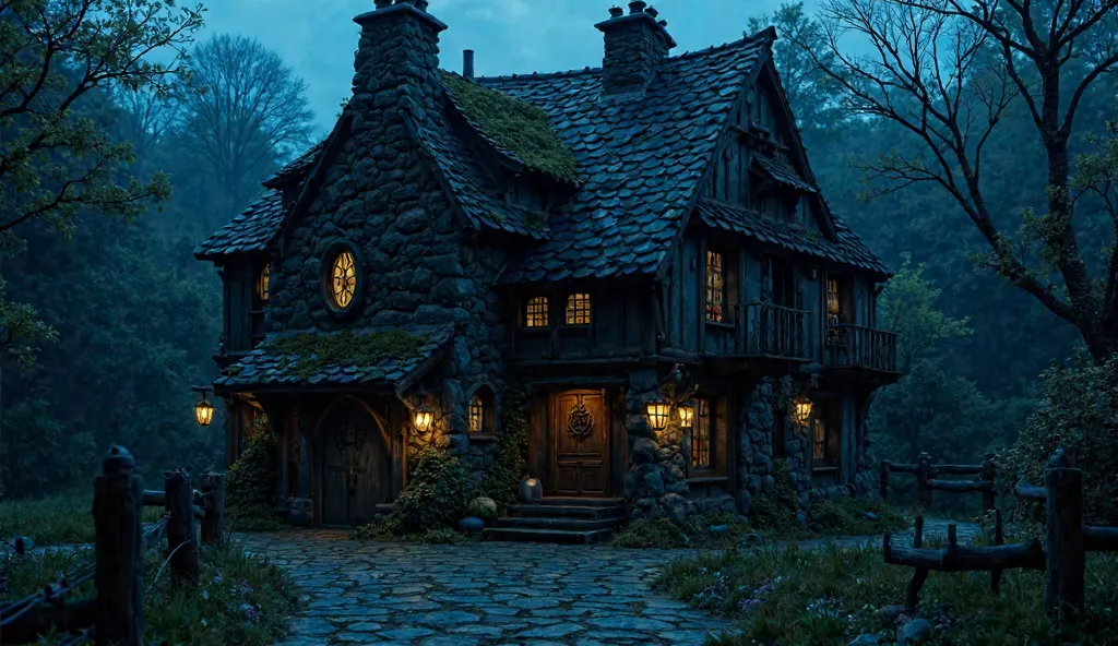 A two-story hexagonal house, built from polished black jasper, its surface subtly reflecting the moonlight. The steeply pitched roof, covered in natural black slate tiles, is partially overgrown with moss and creeping vines, blending seamlessly into the my...