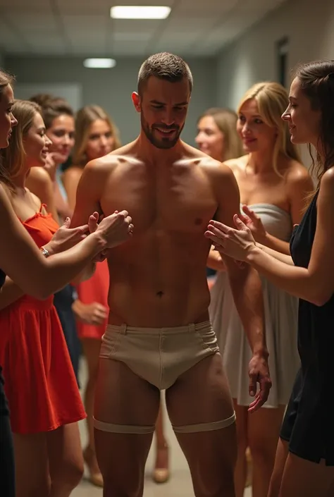 NSFW, modern university Sorority House, large common room, soft spot lighting, 1 man, tall handsome alpha male, wearing baby oil, professional adult performer, Chippendale Dancer, wearing Flasher Costume,  censored only by multiple female hands, short neat...