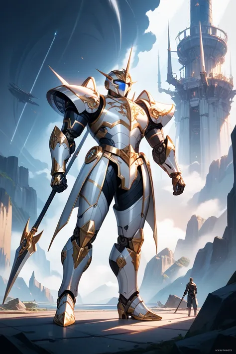  male、robot knight、full body銀色、 Black Arms、 Gold、tall、cool arm with overlapping prongs、full body、large silver double-edged axe