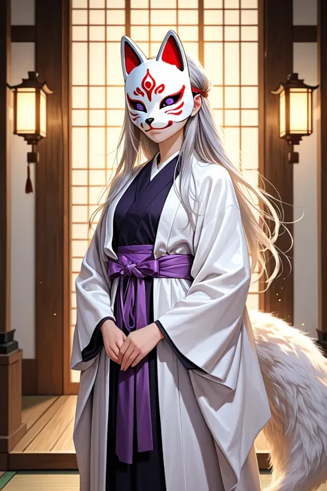 Beautiful Boy Wearing a White Fox Mask、 Silver Hair、 purple eyes、Japanese clothing、 is a shrine in the background、Foxfire
