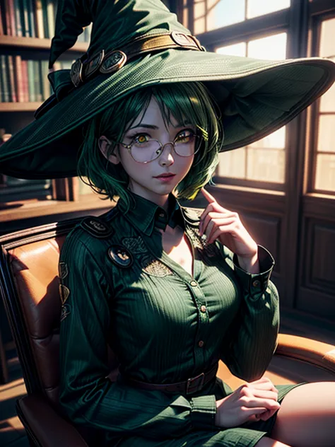 close-up, upper body. Short, (green hair:1.6), ( yellow eyes:1.6), (diopter glasses with metal frames:1.2), ( witch hat:1.3), (green button-down dress with long sleeves:1.6), smiling 15-year-old girl in the library. ( Masterpiece , top quality shirt, Bette...