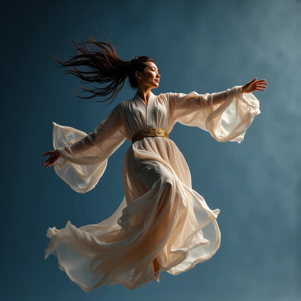 (a woman gracefully flying mid-air:1.4), (dynamic floating motion:1.3), (natural weightlessness effect:1.3), (subtle body tilt forward:1.2), , (one hand reaching forward:1.2), (fingers elegantly positioned:1.2), (robes flowing naturally with air resistance...