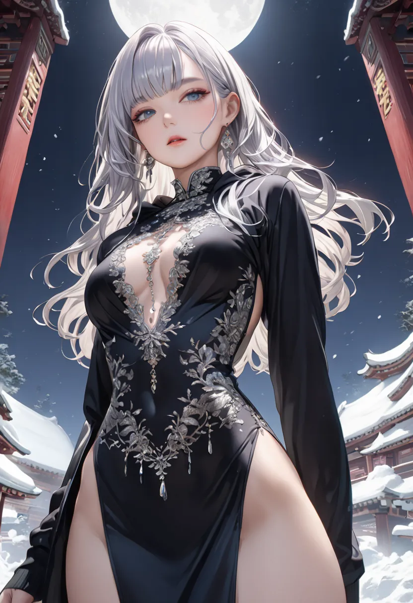  from below, beautiful woman under hoodie１people,20 years old、Nice body、  cool and sadistic , Temple In The Snow 、A lustful and lascivious face, clearly makeup 、  looking down with a cold gaze,,  beautiful long silver hair ,,  sexy undershirt、luxurious acc...