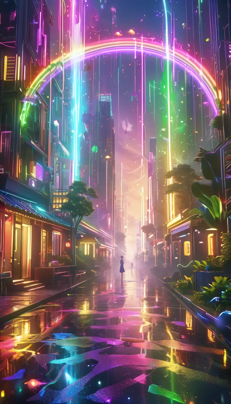 Highlights the overall rainbow colors  ,Iridescent、(8k, Highest quality,  masterpiece),( magazine cover :1.2),超exhaustive,petal,forest, fireflies, particle,posters, design,3D Art, nice composition .,surreal, OC rendering,complicated,exhaustive,ray tracing,...