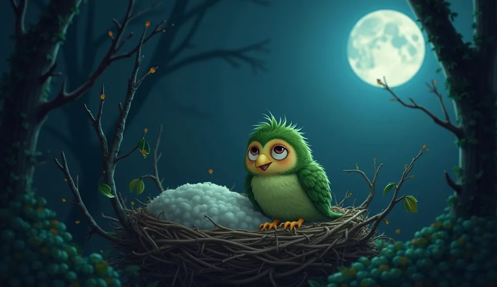 Prompt 6: A Sleepless Night
Description: Under the moonlight, Sam tosses and turns in his nest. His green feathers rustle as he struggles to sleep. His hazel eyes reflect the moonlight, filled with anxiety and regret.
Mood: Anxiety and regret.
Details: Sho...