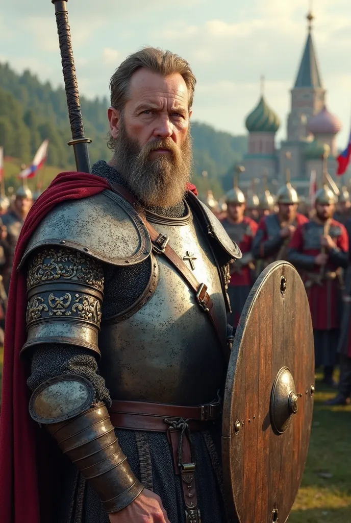 Russian Orthodox warrior, Varangian, with Russian troops behind his back,  Lots of Details ,  super quality , 4K, full hd