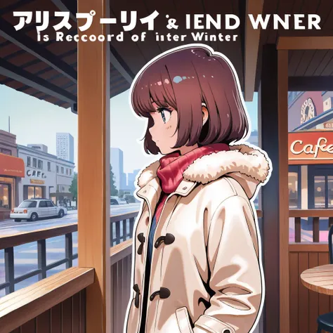 (masterpiece, best quality:1.1),80s record cover art,city-pop,title of the song is "end of winter",cafe,wood deck,girl's Profile,winter outfit, inspired by Hiroshi Nagai cmyk palette,illustration by Hisashi Eguchi,(white outline),