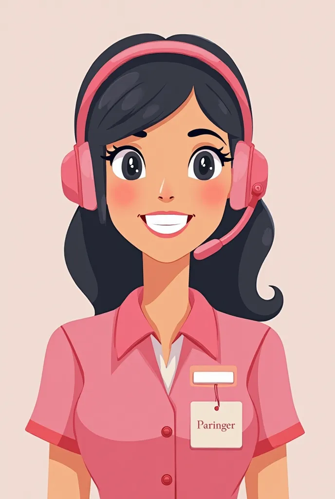 Call center animated woman in pink uniform, Let him look straight ahead smiling, with a card on your chest with your name, But don't do it with so many breasts, That the headphones are being touched 
