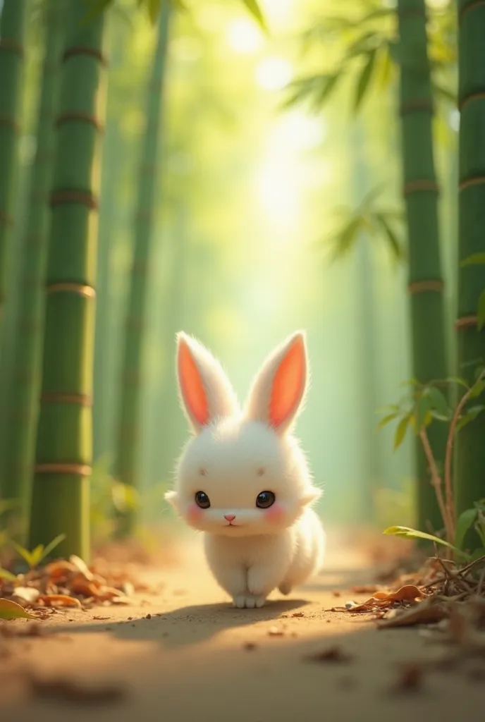 A small, fluffy white rabbit with soft fur and perked ears is walking through a peaceful bamboo forest. The rabbit has a curious and innocent expression as it looks slightly to the side. The forest floor is covered in dry bamboo leaves and twigs, creating ...