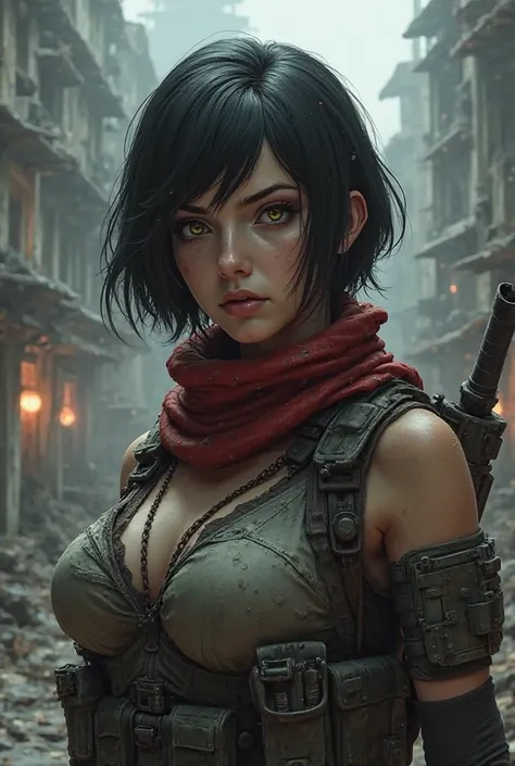 "A realistic female warrior, with short black hair and intense eyes, a solid physique and sharp jawline, wearing a red muffler, wearing a combat uniform and three-dimensional mobility equipment, a huge, ruined city background, a strong expression in a dark...