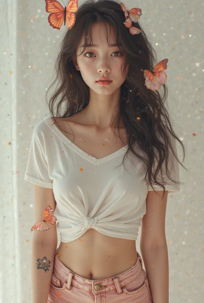  A very beautiful 17-year-old girl ,  They are dressed as a sexy student . breasts.She is wearing pants and a t-shirt .  There are artificial butterflies on the girl's hair