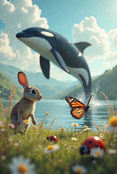 Make me a picture of a hare, a butterfly, a ladybug and a killer whale