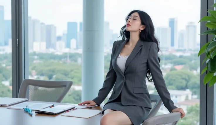 The image shows young Asian women in an office setting. eye glasses, Big breast. dressed in formal attire, wearing a grey blazer and mini skirt. white bra, sleeping eyes close on an office chair. The background shows a large window with a view of a city sk...