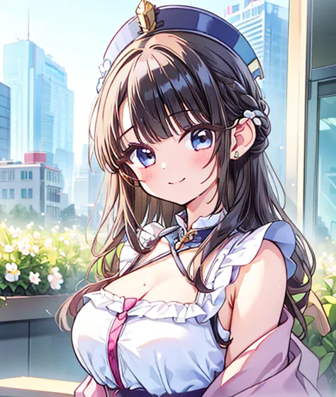 young girl、smile、brown hair,Cool hairstyle、Blushing、masterpiece、High resolution、16k、(Very close:1.5)、Explore the city、(Depicting the upper body:1.5) cleavage in years,Big Breasts,curvy body,braided crown