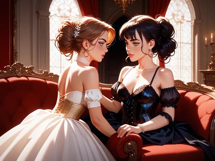 1人の girls on the left、 black and white , dress, corsets, girls on the left, illustrations