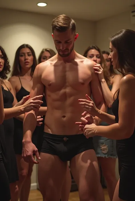 NSFW, modern university Sorority House, large common room, soft spot lighting, 1 man, tall handsome alpha male, wearing baby oil, professional adult performer, Chippendale Dancer, wearing Flasher Costume,  censored only by multiple female hands, short neat...