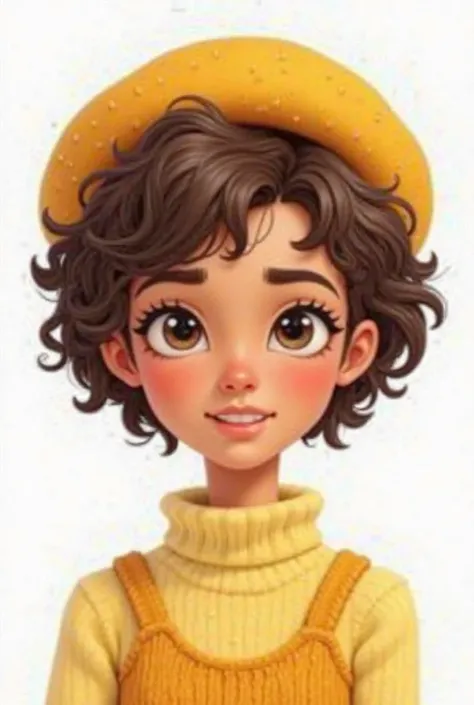 Cartoon a young woman with short curly hair,  vest. She is wearing a yellow beret and a yellow sweater. Her skin is light brown and she seems to have eye makeup, with apparent eyeliner. The background of the photo is a plain white background.,,,,,maximum q...