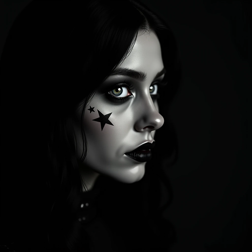 A hyper-realistic, high-definition black-and-white portrait of a gothic woman in extreme close-up. Her eyes are completely white, giving her an otherworldly and haunting appearance. She has black star tattoos on one side of her face, near her eye and cheek...