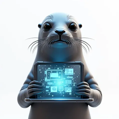 Generate a highly detailed 3D cinematic render featuring a realistic humanized seal with futuristic enhancements (metallic skin accents, digital circuitry details, and LED glow). The seal should be depicted in a confident, dynamic pose on a pure white back...