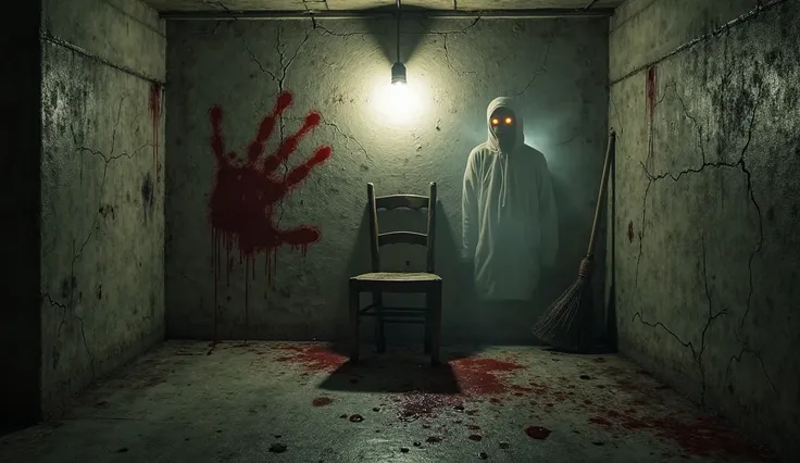 Scene:

A dark, abandoned basement with cracked concrete walls and a single wooden chair in the center.
The chair is slightly tilted, as if someone left in a hurry or was forcibly removed.
A dim, flickering lightbulb barely illuminates the room, casting lo...