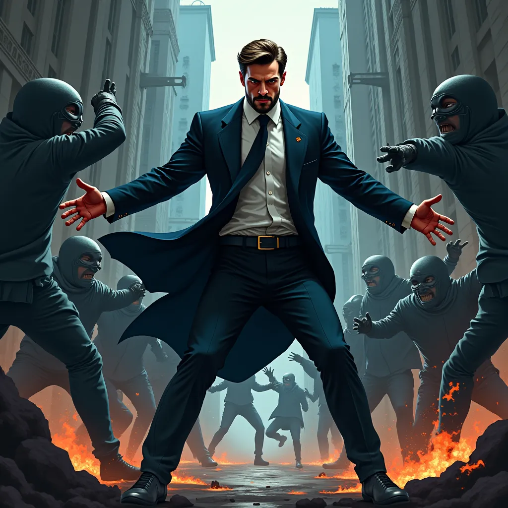 create a vector virtual illustration of a man with formal attire but fighting against enemies