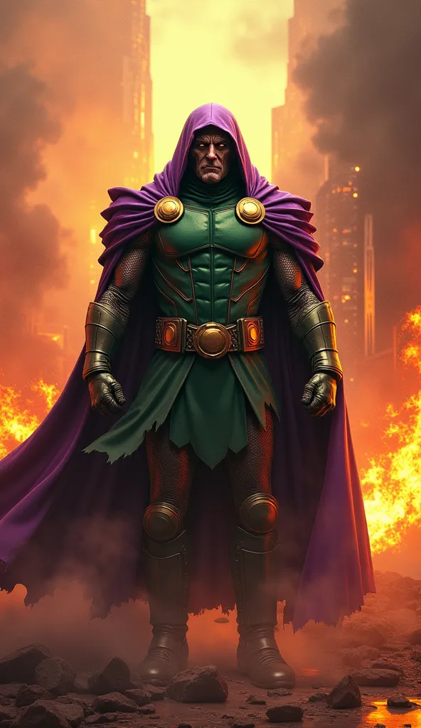 Doctor doom is standing in a thrilling fire environment 