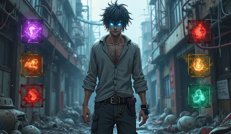 An anime manhwa style guy wearing tattered clothes and with glowing blue eyes. The guy has messy ashy hair and is wearing a tattered shirt and dark pants. Around him are four multicolored square skill icons like in the games: a purple paw print icon, a red...