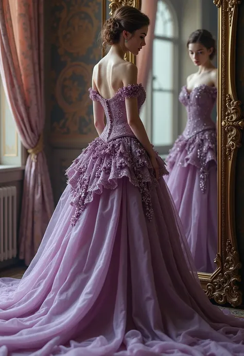 a woman in a  purple dress  is standing in front of a mirror, royal gown ,  purple dress , Victorian dress,  fantasy dress ,  fantasy style long exquisite gown , mauve, is wearing a purple gown, (( beautiful fantasy queen )), royal dress, ornate royal gown...