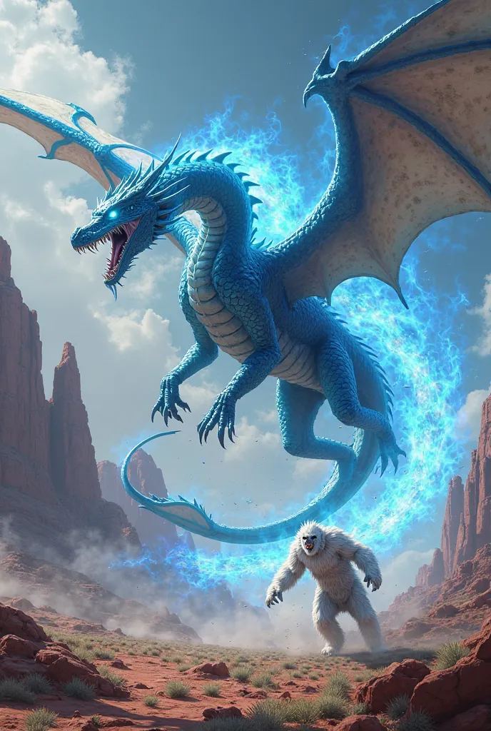 A super cool cyan western super dragon with a very detailed blue flame chases flame-throwing slaying a fleeing yeti.