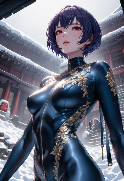  from below, beautiful woman under hoodie１people,20 years old、Nice body、  cool and sadistic , Temple In The Snow 、A lustful and lascivious face, clearly makeup 、 red eyes、  looking down with a cold gaze,, BEAUTIFUL BLUE SHORT HAIR,Rei Ayanami, SEXY ENTRY P...