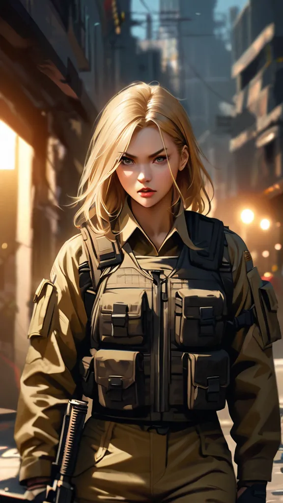 Full Body Image、Sexy woman with long blond hair、Sexy woman with long blonde hair wearing bulletproof vest directly naked、camo cargo pants、camo lace-up boots、 sunglasses、she has an assault rifle、