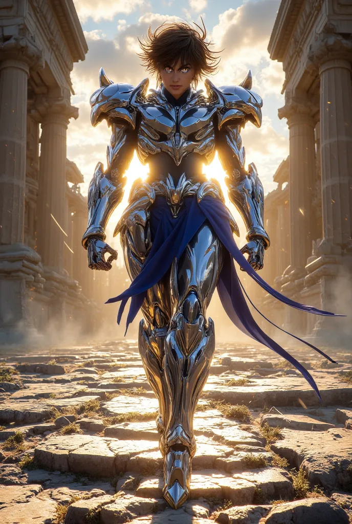 Pegasus Seiya
Objeto Principal: Pegasus Seiya, without the, revealing her messy brown hair and determined eyes. Her silver and blue armor shines in the golden light of the setting sun.

 Action or Position : Seiya is in a confident posture, with one fist c...