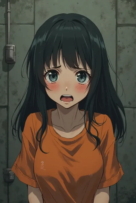 This Japanese anime girl in a prison orange t-shirt without pants is chewing the last 5 minutes of her life. After all, she'll be hanged. She cries very hard