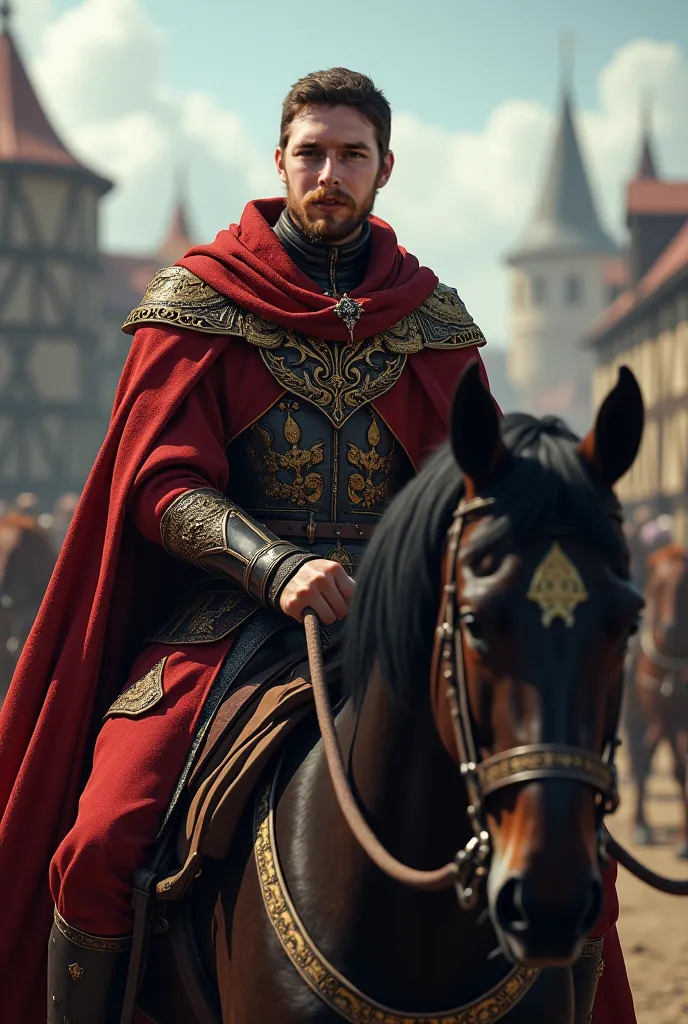 highly detailed character portrait, digital art, character Garnirov riding a horse, small medieval town, kingdom come deliverance 2 style, cinematic lighting, dynamic composition, photorealistic, hyper-realistic, vibrant colors, intricate details, masterpi...