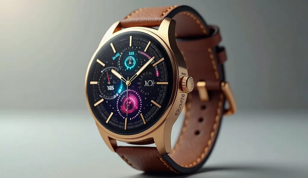 "A futuristic luxury smartwatch with an AMOLED display, gold frame, and stylish leather strap, in a professional product photography style"