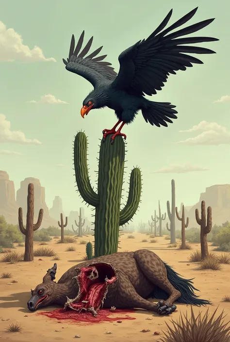 "Realistic vulture perched on a tall cactus, feasting on the open carcass of a dead horse below. The scene is set in a Wild West environment with a Texas desert vibe—dusty ground, dry tumbleweeds rolling in the wind. The sky is vast and slightly overcast, ...