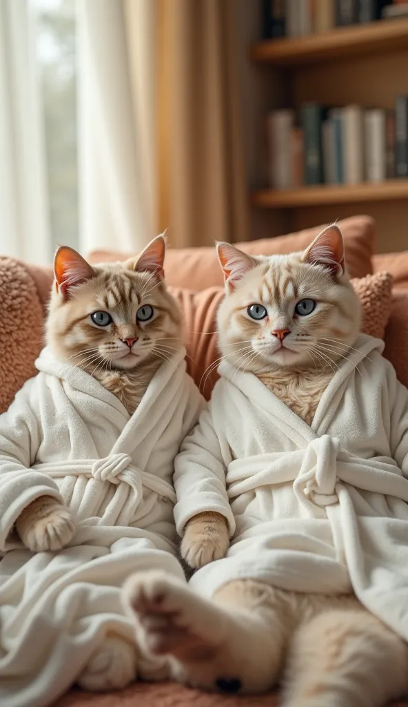 Create for me my cats in the living room wearing a white robe 