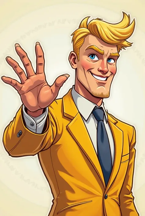 Cartoon man in a blond suit holding out his negative hand