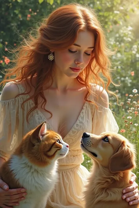 beautyfull girl playing with beautifull cat and dog