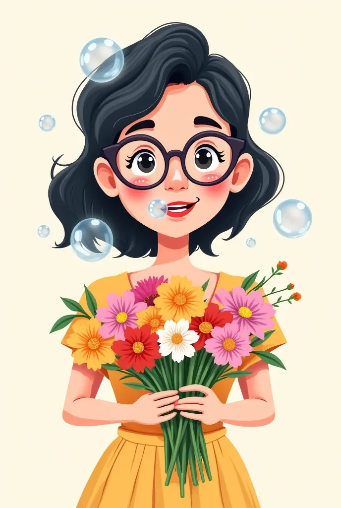 Cartoon of a smiling girl of about 30 years old with dark hair,  dark eyes , eyeglasses . In one hand some flowers and in the other hand soap bubbles.