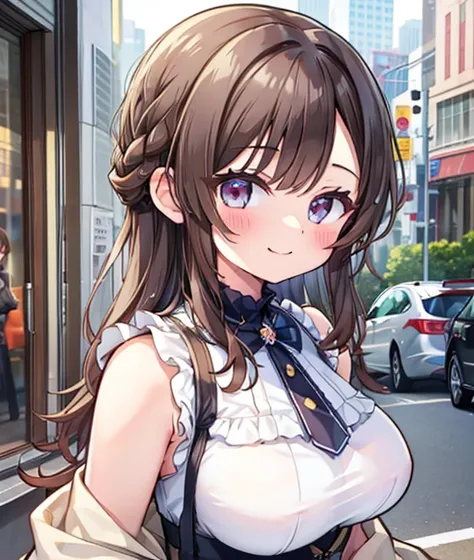 young girl、smile、brown hair,Cool hairstyle、Blushing、masterpiece、High resolution、16k、(Very close:1.5)、Explore the city、(Depicting the upper body:1.5) ,Big Breasts,curvy body,braided medium hair,