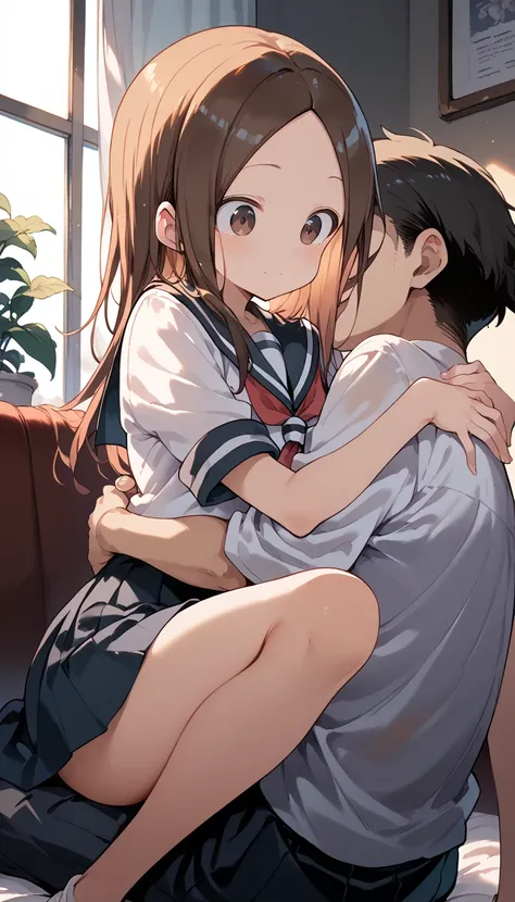 (Takagi)　white panties　sitting position, hug from behind, face to face, straddle　skirt　 sailor suit　red