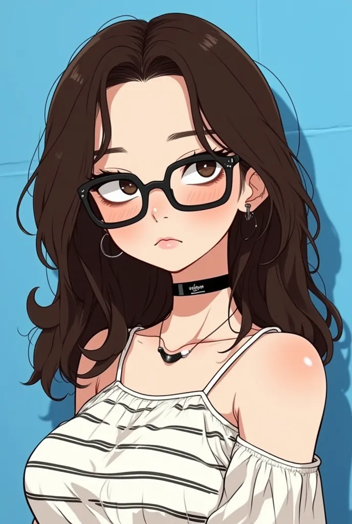  cartoon.a young woman with dark brown and wavy hair,  that fall over her shoulders . She is wearing square shaped black frame glasses. Her skin is fair and she has a neutral expression. The woman is wearing a white and black striped blouse with outside sh...